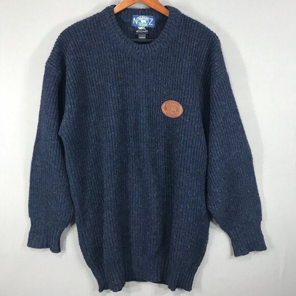 WoolMark New Zealand Tradition Sweater Mens Large Blue Pullover Wool Crew Chunky - Picture 1 of 12